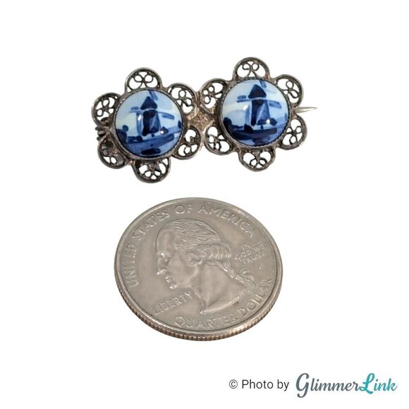 VTG Double Blue Windmill Delft Porcelain Filigree Flower Sterling Silver Brooch - Picture 4 of 7